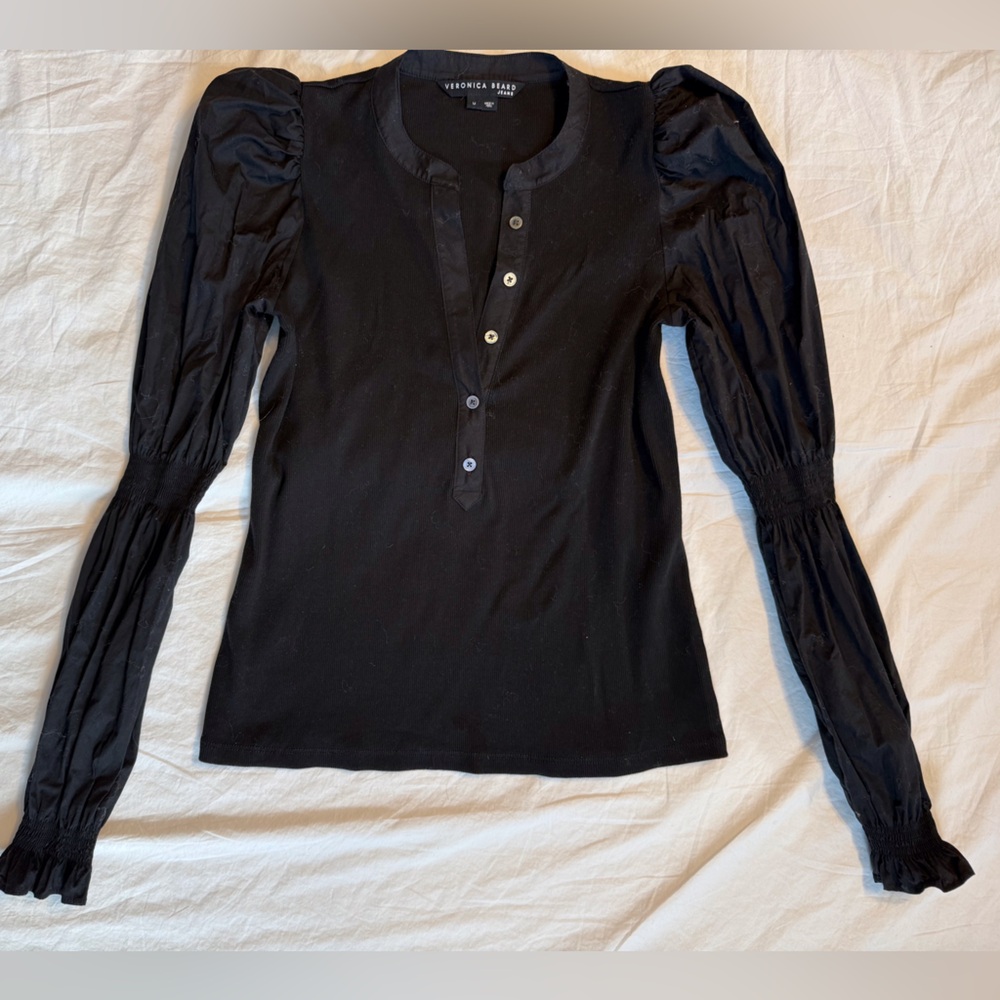 VERONICA BEARD Effy Puff Sleeve Ribbed Knit Henley Buttoned Shirt - Picture 8 of 16